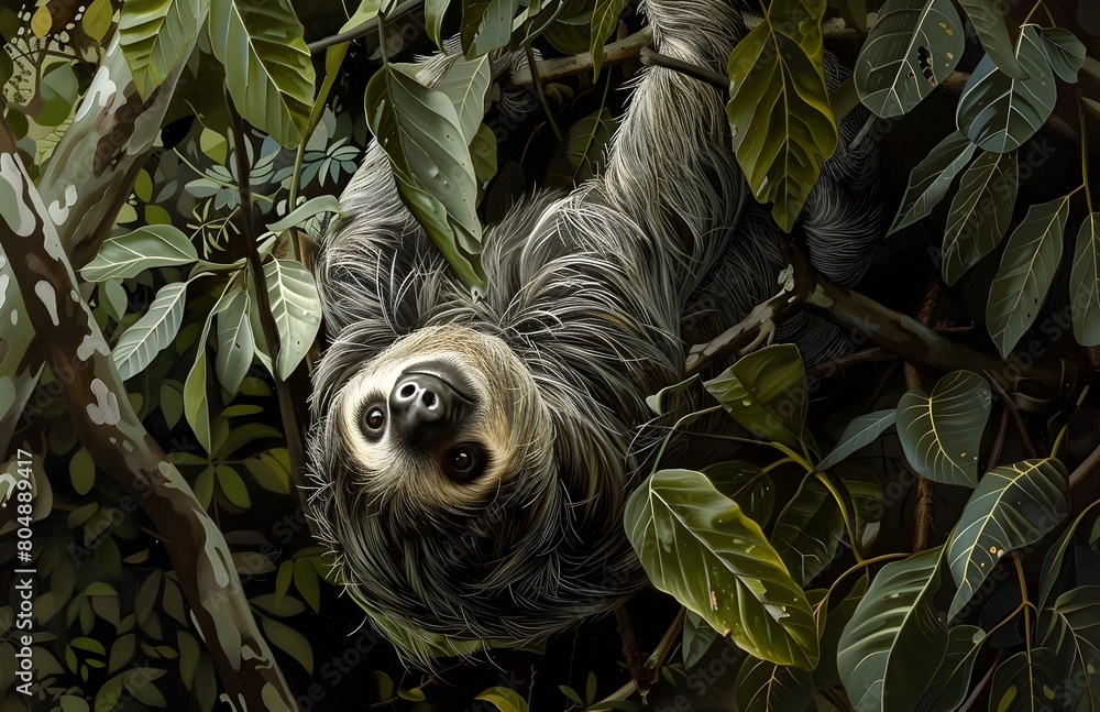 Sleepy Three Toed Sloth Resting Amid Lush Tropical Foliage Sleepy Three Toed Sloth Resting Amid Lush Tropical Foliage