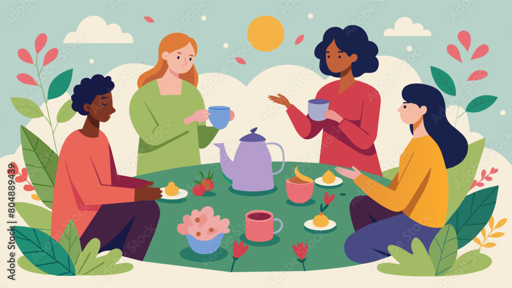 In a tranquil garden a group of friends gather around a tea table brewing a delicious blend of rose hibiscus and cinnamon tea as they catch up and.