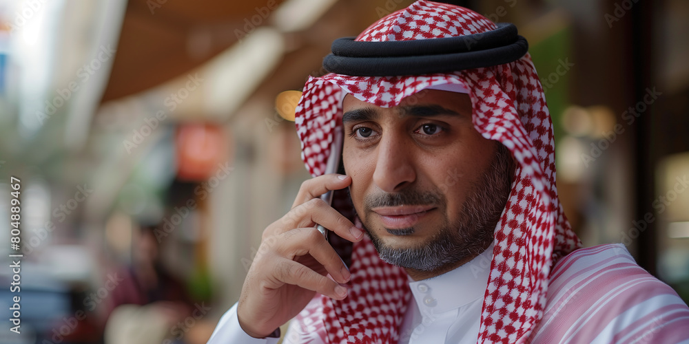 Arabic business man wearing arabic dress sitting infront of laptop talking over phone looking at camera white background Cinematic