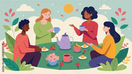 In a tranquil garden a group of friends gather around a tea table brewing a delicious blend of rose hibiscus and cinnamon tea as they catch up and.