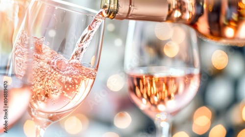 Close up of pink wine being poured into wine glasses on a white background