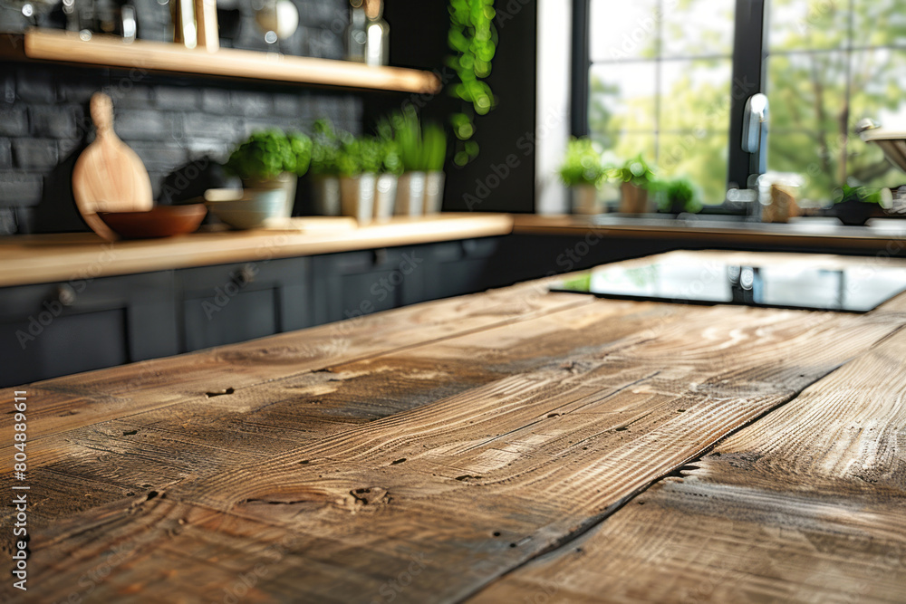 A wooden kitchen table with an empty wooden board, with a blurred background of a modern interior design of a beautiful home kitchen, viewed from a high angle, under natural lighting. A wooden kitchen table with an empty wooden board, with a blurred background of a modern interior design of a beautiful home kitchen, viewed from a high angle, under natural lighting.