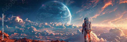An astronaut standing on an alien planet, gazing at the horizon with Earth visible in space, bathed in dynamic lighting that casts dramatic shadows and highlights.