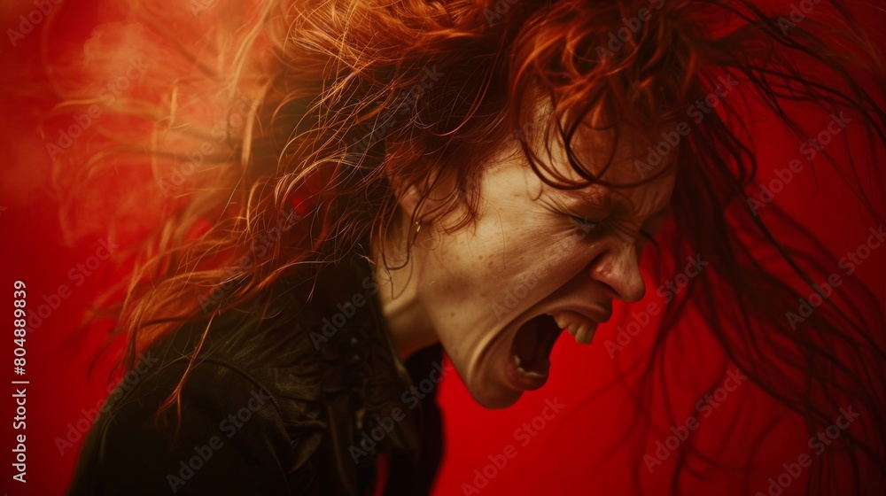 A red-haired woman with her mouth open, screaming, as her hair blows in the wind