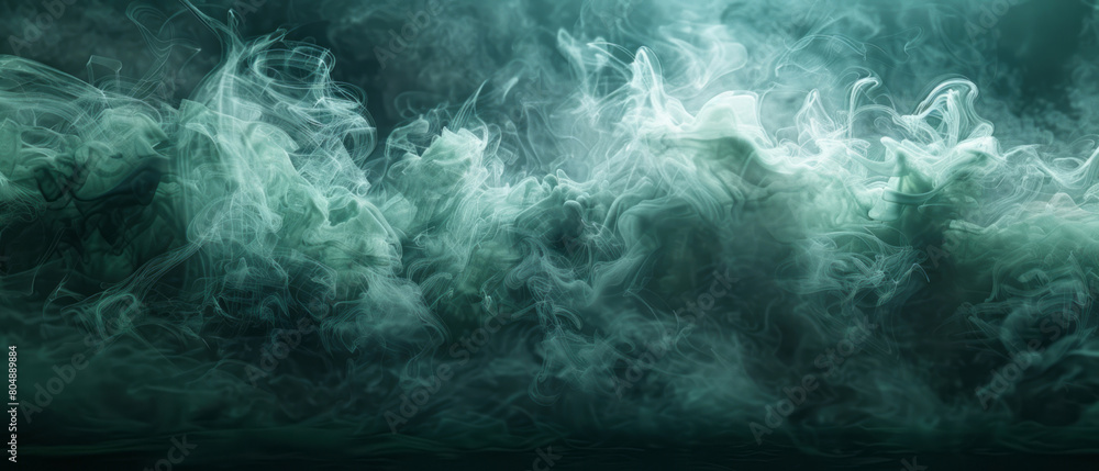 Abstract green smoke on a black background, forming a banner design with a dark green color of ink in water, illustrating a black and white concept in a smoky room.