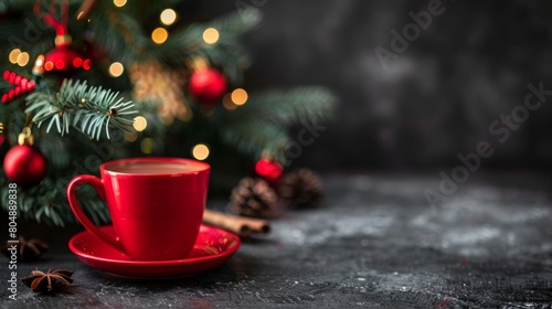 A red cup filled with hot chocolate sits next to a decorated Christmas tree