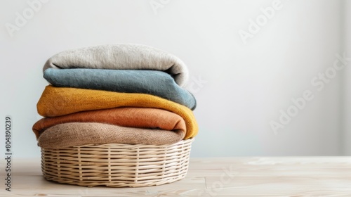 Colorful towels neatly folded and stacked on top of a wicker basket