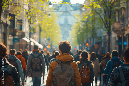 A photo shows people walking on the street in busy cities, taken from behind, showing a large crowd of young students with backpacks and bags. © Duka Mer