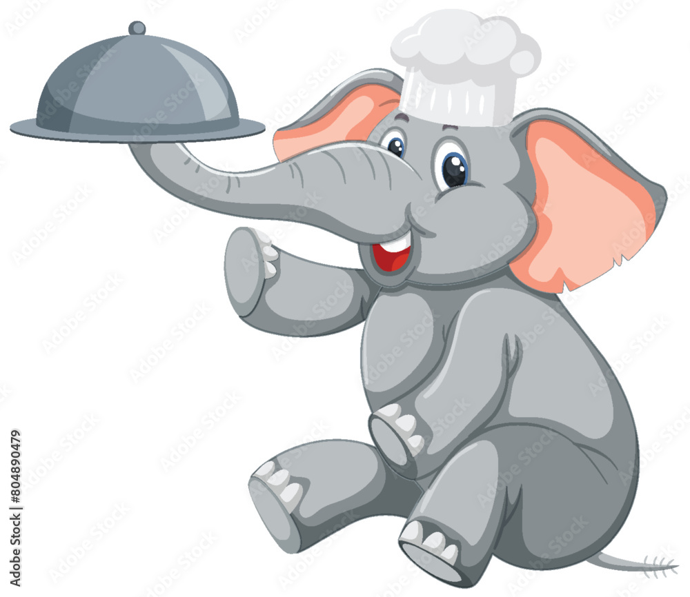 Cartoon elephant in chef hat holding a serving tray Cartoon elephant in chef hat holding a serving tray