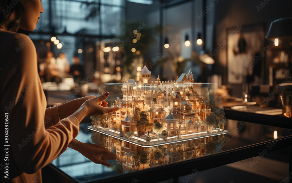 Obraz premium Woman examining city model. Generative AI