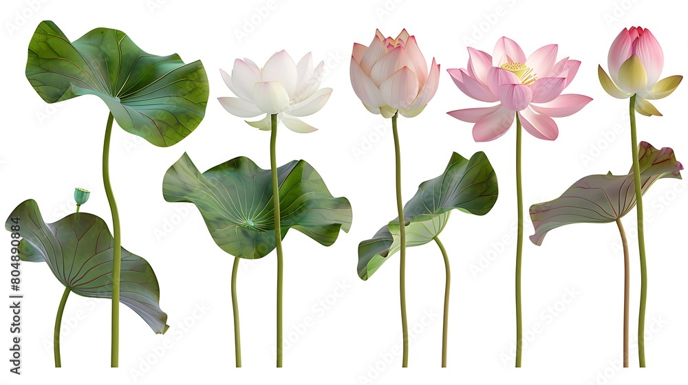set of Lotus flower on white background. Generative Ai