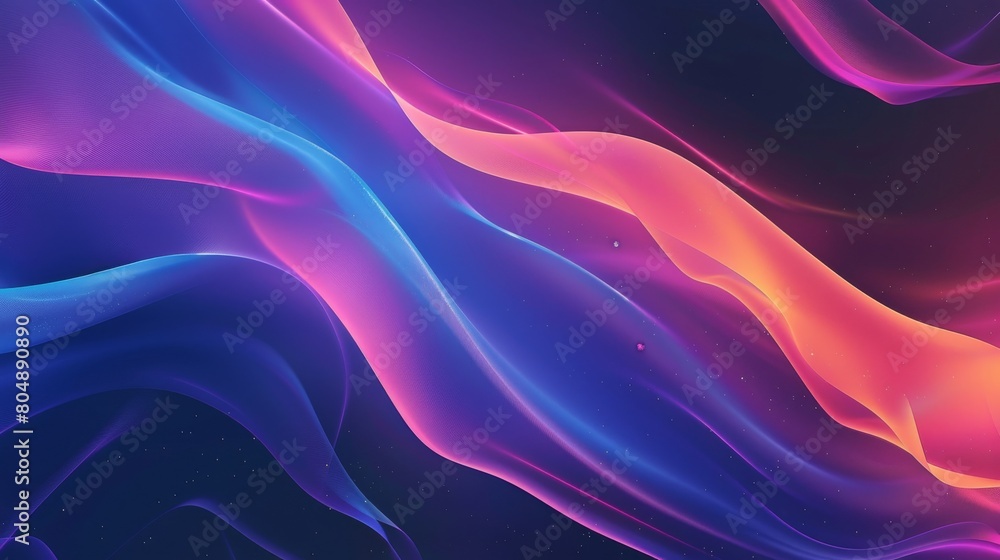 Fototapeta premium A vibrant display of flowing colors against a dark backdrop. Abstract waves of blue, purple, and pink hues intertwining. A dynamic and colorful digital art piece with a fluid design