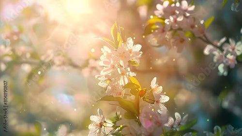 Sun Shine Through White Flowers On Branches. Spring Season. Tree Blossom Natural Background In Broad Daylight With Sun Highlight Though Branches