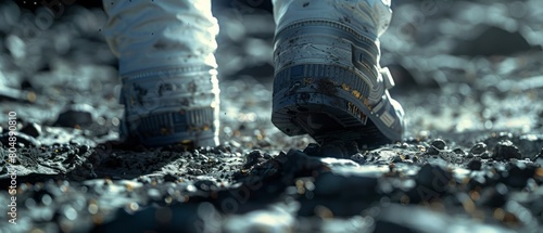 A close-up view of astronaut boots walking on the lunar ground.