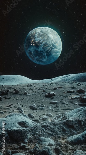 A blue planet from the moon's surface, providing an epic, cinematic scene. photo