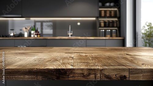 Selective focus on wooden kitchen island. empty dining table with copy space for display products. clean countertop for cooking healthy food against blurred furniture, modern style. Generative Ai photo