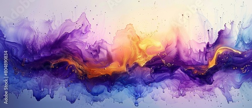 An abstract painting, featuring blue and gold fluid shapes, splashes of color, swirls, and dreamy forms, with blue hues blending into purple, against a white background.