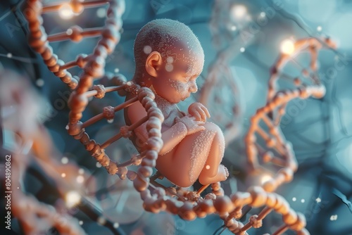 Human fetus with a DNA strand in three dimensions. Generative Ai photo
