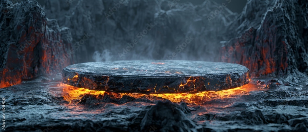 A round podium made of lava, surrounded by black rocks, set against a dark and moody background with subtle lighting creating an eerie atmosphere. A round podium made of lava, surrounded by black rocks, set against a dark and moody background with subtle lighting creating an eerie atmosphere.