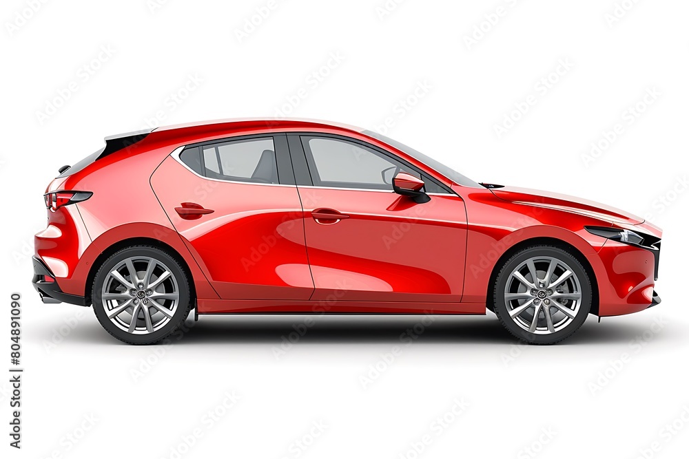 side view of Red hatchback car is isolated on white background. Generative Ai