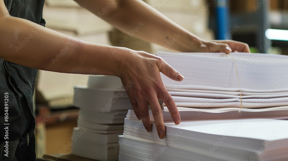 Obraz premium Worker stacking finished paper products, close view of hands and stack, clear focus, warehouse light.