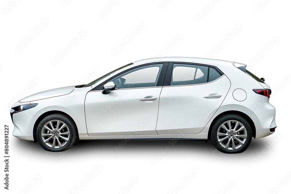 Side view of white hatchback car is isolated on white background. Generative Ai
