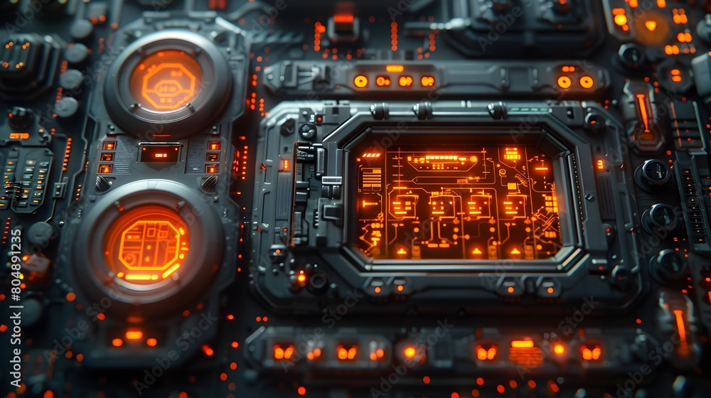 Intricate Cyberpunk-Inspired Electronic Control Panel with Vibrant Lighting and Technological Details Intricate Cyberpunk-Inspired Electronic Control Panel with Vibrant Lighting and Technological Details