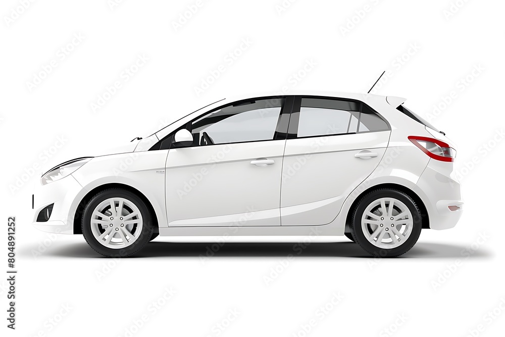 Side view of white hatchback car is isolated on white background. Generative Ai