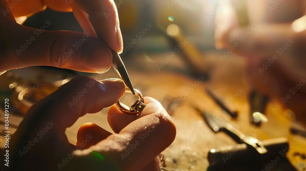 Jeweler setting a gemstone in a ring, close view of hands and tools, precise detail, bright focused light. Jeweler setting a gemstone in a ring, close view of hands and tools, precise detail, bright focused light.