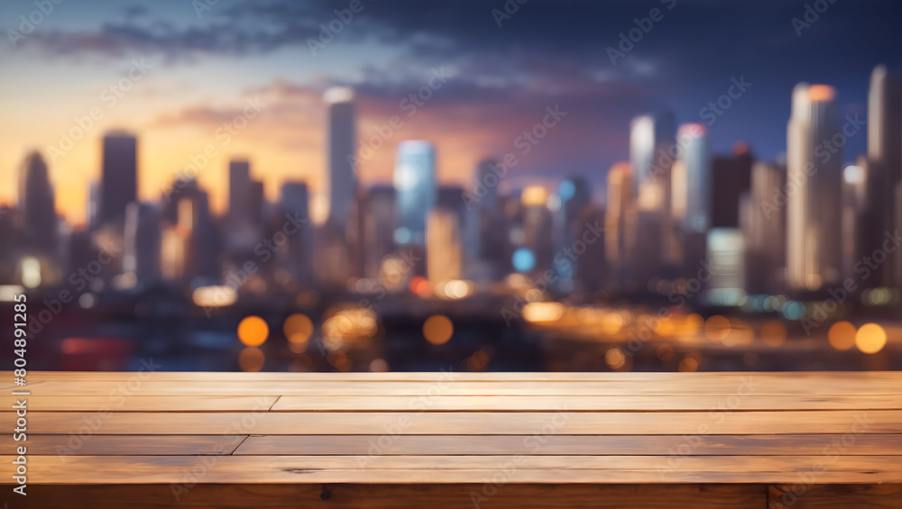 Image of empty wooden table in front of abstract blurred city background Image of empty wooden table in front of abstract blurred city background