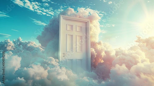 A whimsical open door floating in the clouds, surrounded by blue sky and sunlight, portraying dreams and successful aspirations