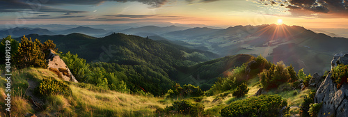 Górska dolina podczas wschodu słońca. Naturalny krajobraz lato na Słowacji