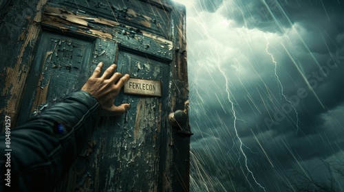 A weathered hand knocking on an old, battered door labeled 'Failure', under a stormy sky, symbolic, metaphorical representation