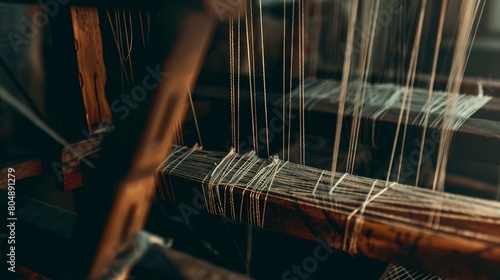 Close-up of a weaver's loom with intricate pattern, detailed threads, focused, ambient workshop light. 