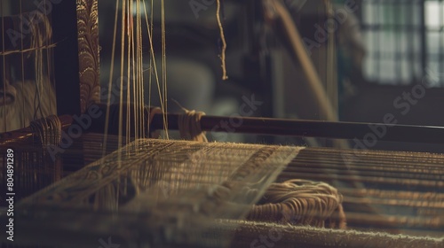 Close-up of a weaver's loom with intricate pattern, detailed threads, focused, ambient workshop light. photo