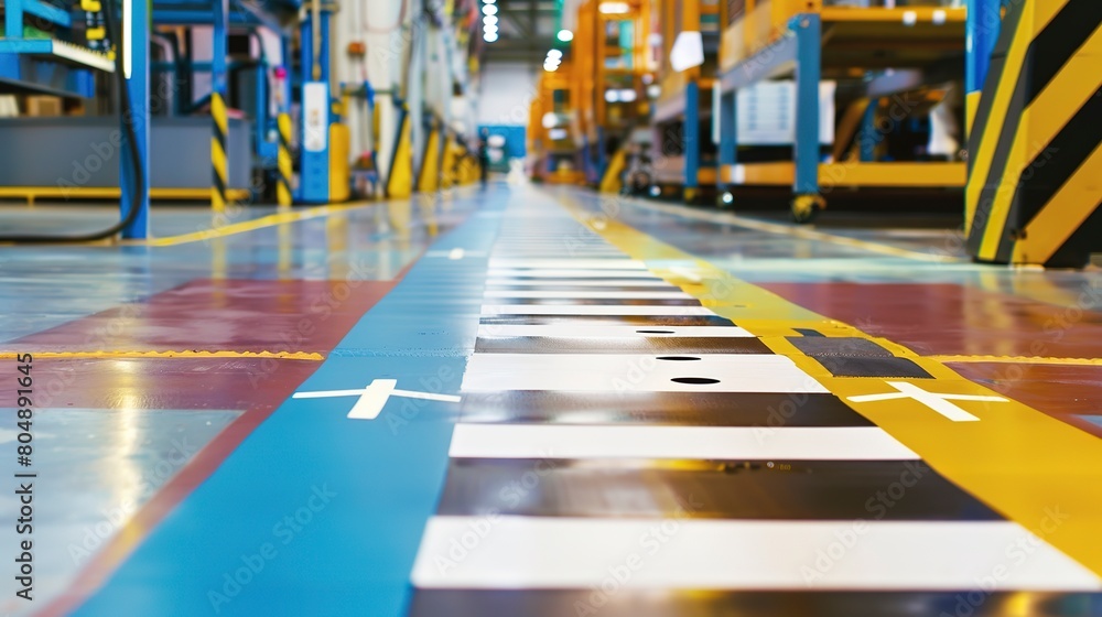 Close-up of anti-slip floor markings in a production area, vibrant colors, clear detail, factory lighting. 