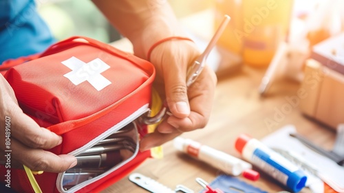 Close-up of a first aid kit being used in a workshop, detailed hands and supplies, focused, bright light.  photo