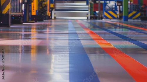 Close-up of anti-slip floor markings in a production area, vibrant colors, clear detail, factory lighting.  photo
