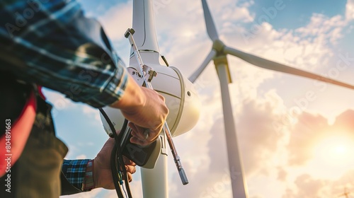 Technician servicing a wind turbine, close view of hands and tools, sharp focus, dynamic sky. 