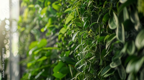 Close-up of a plant wall inside a manufacturing office  detailed view of greenery and structure  soft focus  natural light. 