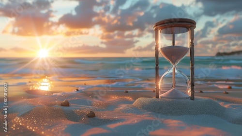 Artistic representation of time with an hourglass foreground and a digitally rendered sunset in the background, conveying life's temporality photo
