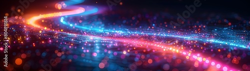 Mesmerizing Cosmic Wave of Vibrant Neon Glow and Ethereal Bokeh Lights in Futuristic Digital Landscape