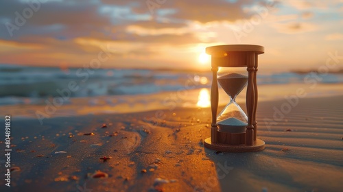 Artistic representation of time with an hourglass foreground and a digitally rendered sunset in the background, conveying life's temporality photo