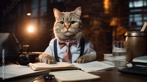 Cat in shirt and tie sitting at desk