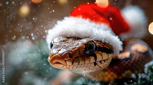 Cute snake in a red santa claus hat. Christmas mood. Gift card. Symbol of the year according to the Chinese calendar