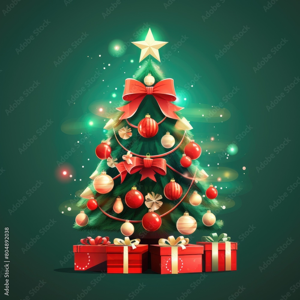 Decorated Christmas tree with New Year's gifts on a green background