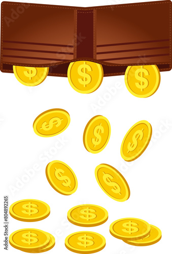 Dollar gold coins falling down out of  wallet for overspending  concept illustration