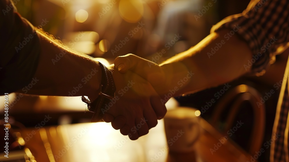 Startup coffee meeting, close-up on hands shaking, warm ambient cafe light Startup coffee meeting, close-up on hands shaking, warm ambient cafe light