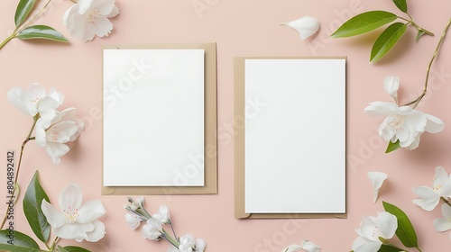 Two wedding invitation cards mockup  front and back sides  blank card mock up with stylish decor. Generative Ai