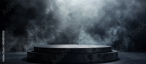 Podium black dark and smoke background product platform abstract stage texture fog spotlight. 